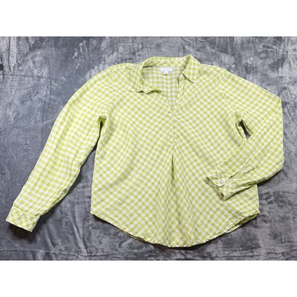 J Jill Love Linen Blouse Women S Green Gingham 100% Linen Popover Shirt